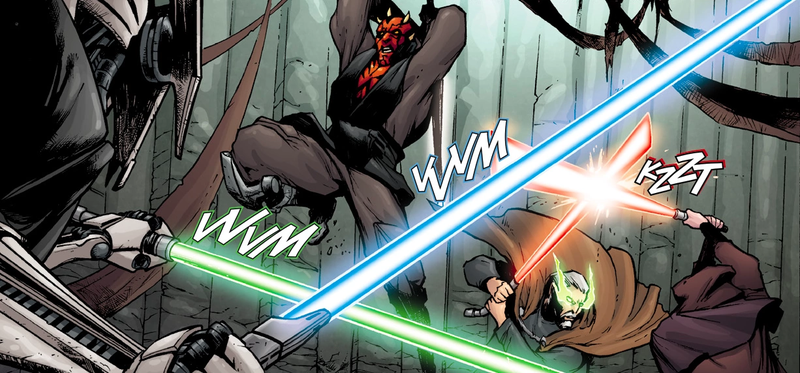 Maul and Mother Talzin—in Dooku’s body—make their last stand against Sidious and Grievous in Darth Maul: Son of Dathomir.